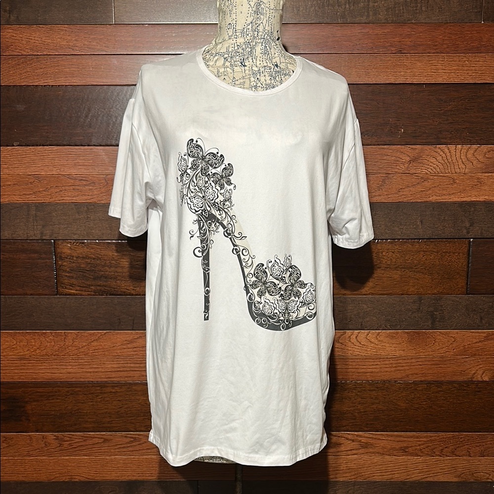 No Brand Tag White T-Shirt with Floral High Heel Design